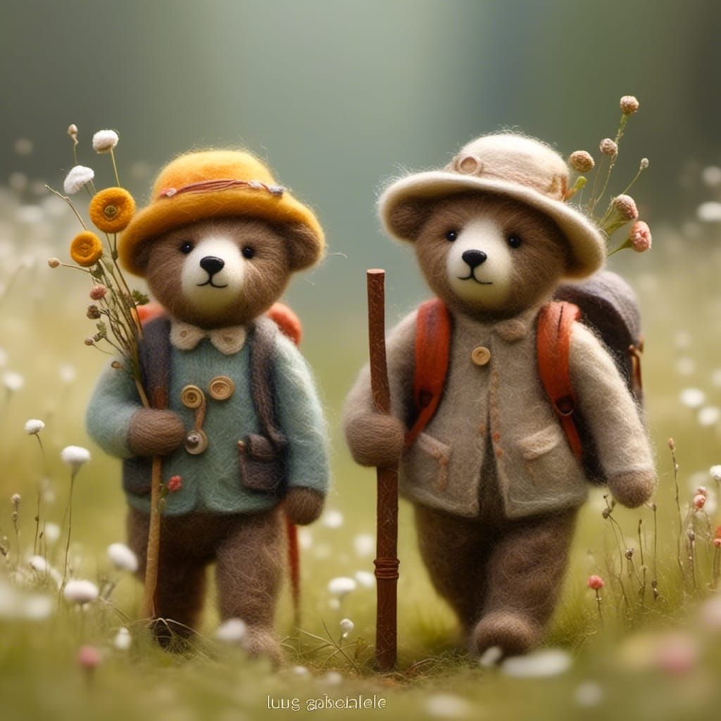 Teddy Bear Family Hike in Needle Felted Style
