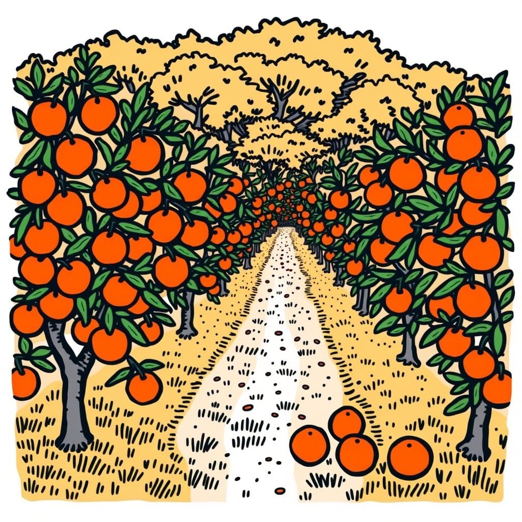 Vibrant Orange Orchard Landscape in Pop Art Style