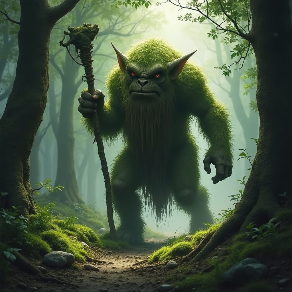 Mossy Troll in Dark Forest, Whimsical Ominous Style