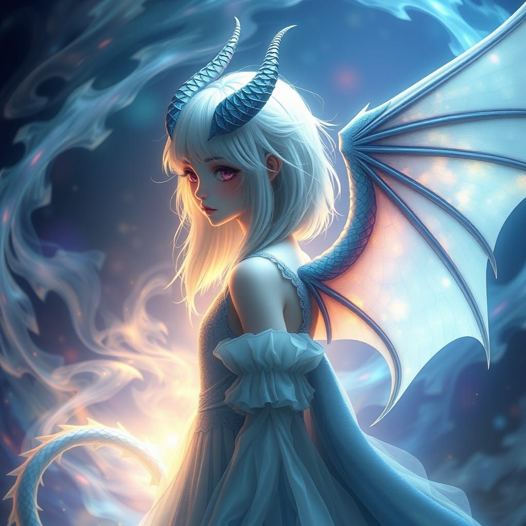 Mystical Girl with Dragon Wings and Tail in Iridescent Blues...