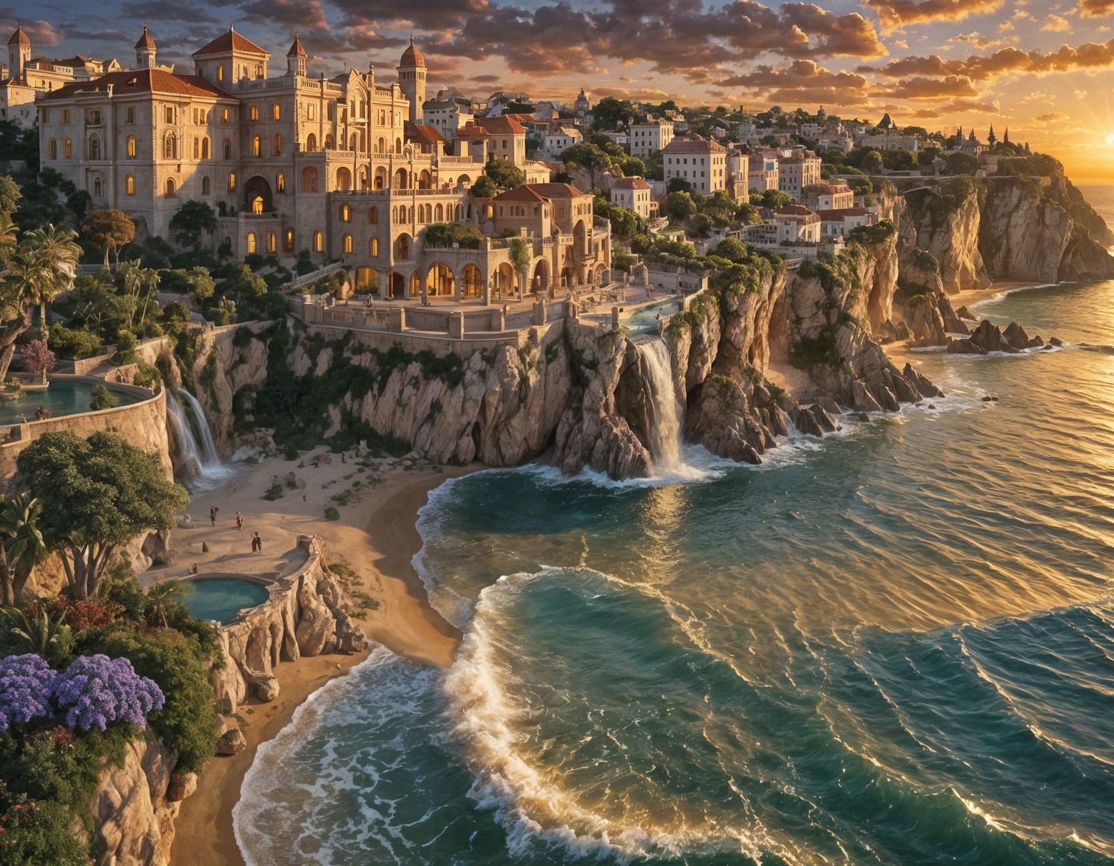 Surreal Golden Hour Beach City at Sunset