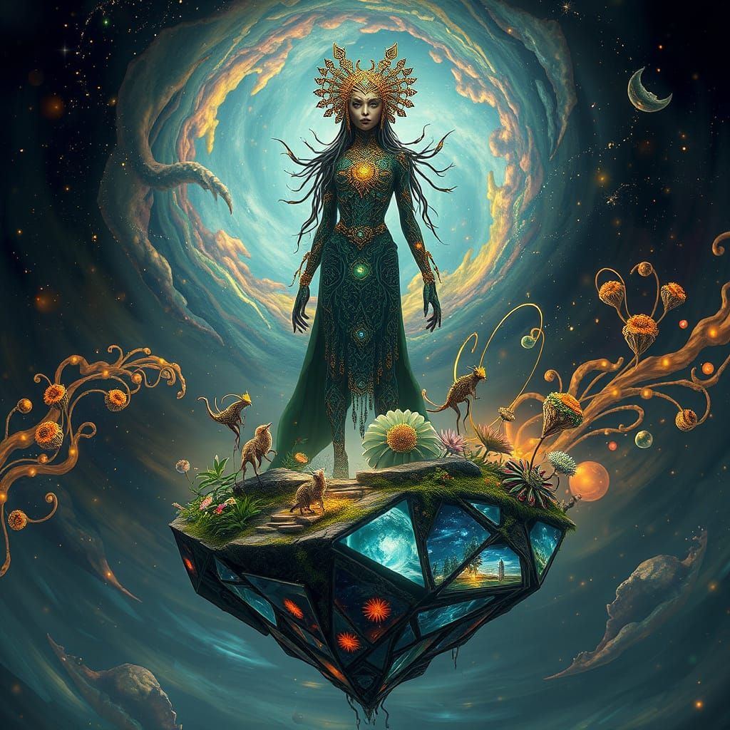 Mystical Shaman on Floating Island in Expressionist Style