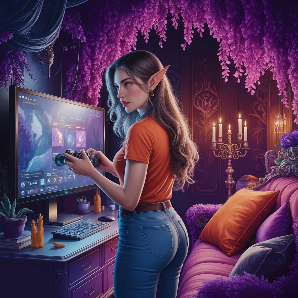 Elven Woman Gaming in Enchanted Room, Detailed Matte Paintin...