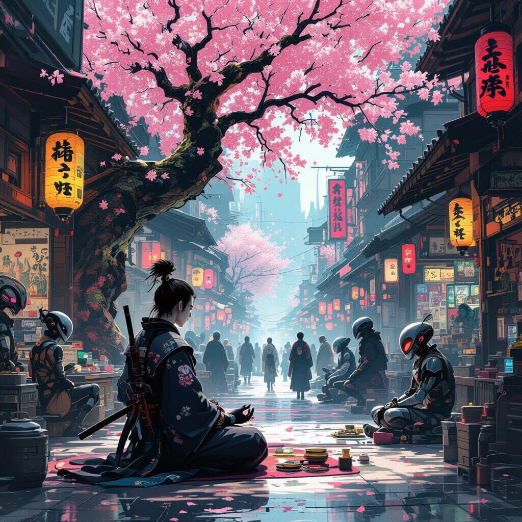 Samurai Meditating in Alien Marketplace