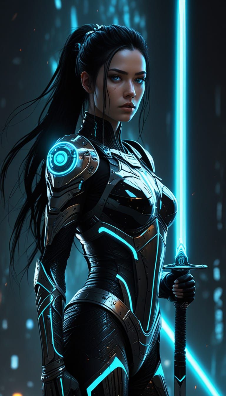 Ethereal Cyber-Fantasy Queen in Tron-Style Armor