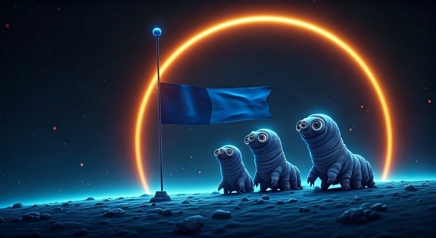 Tardigrade Space Pioneers in Vibrant Alien Landscape