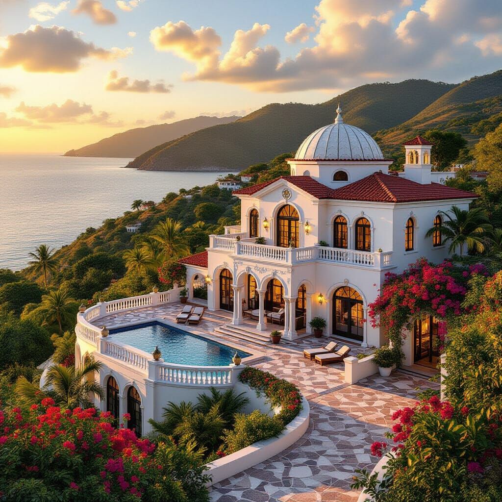 Villa Overlooking Caribbean Sea in Mixed Architecture Style