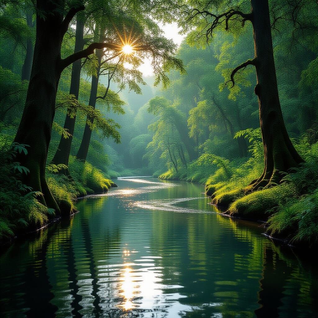 Serene River in Ancient Forest with Dappled Sunlight