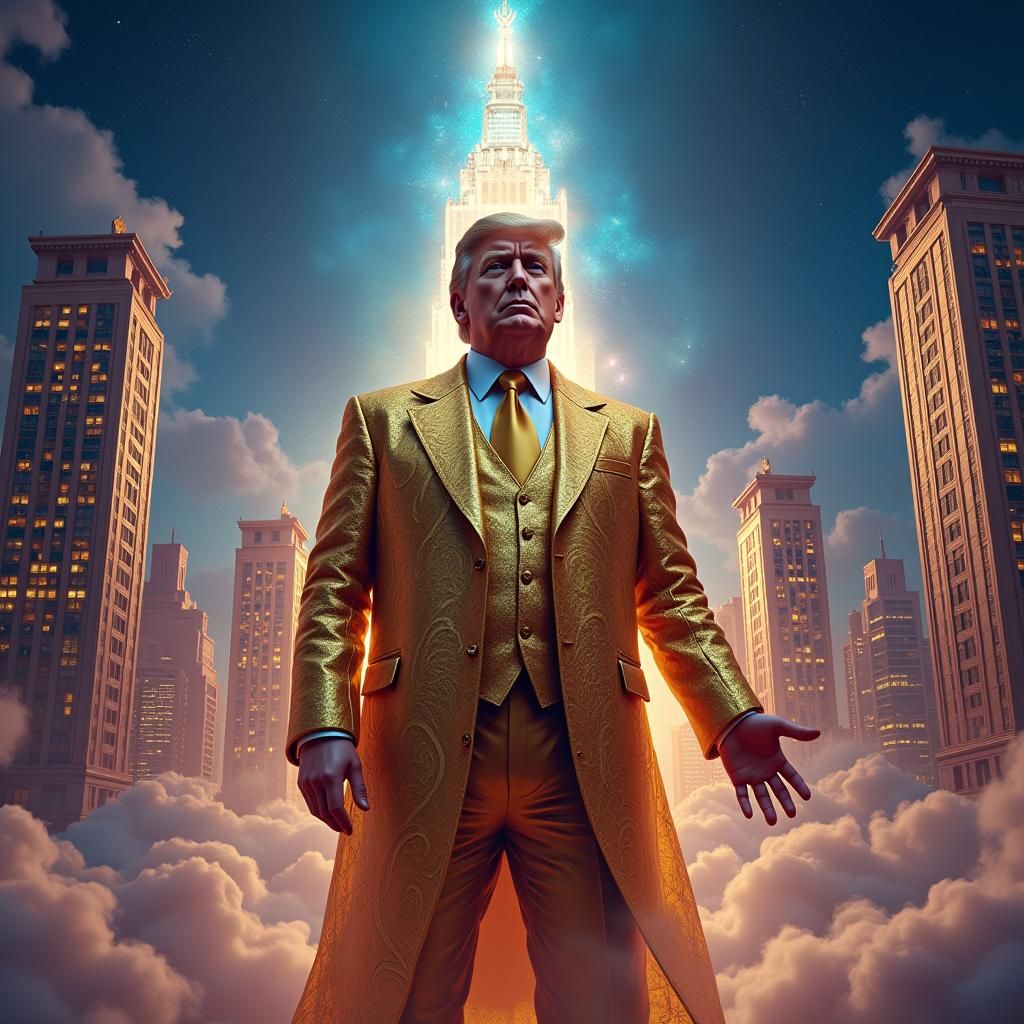 Donald Trump in Golden Suit, Dreamlike Cityscape