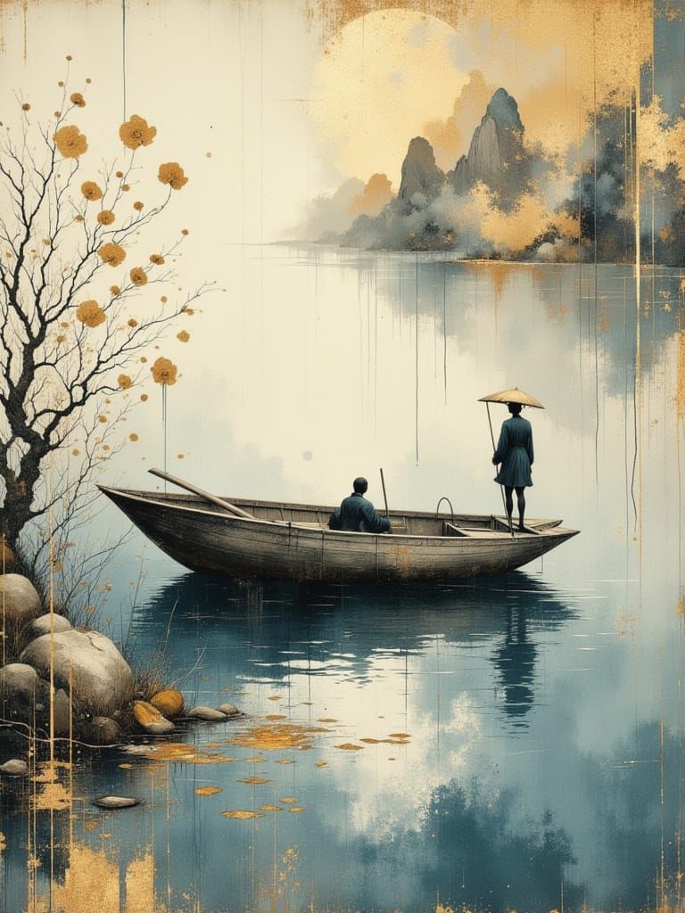 Japanese Fishermen in Abstract Calligraphy Landscape