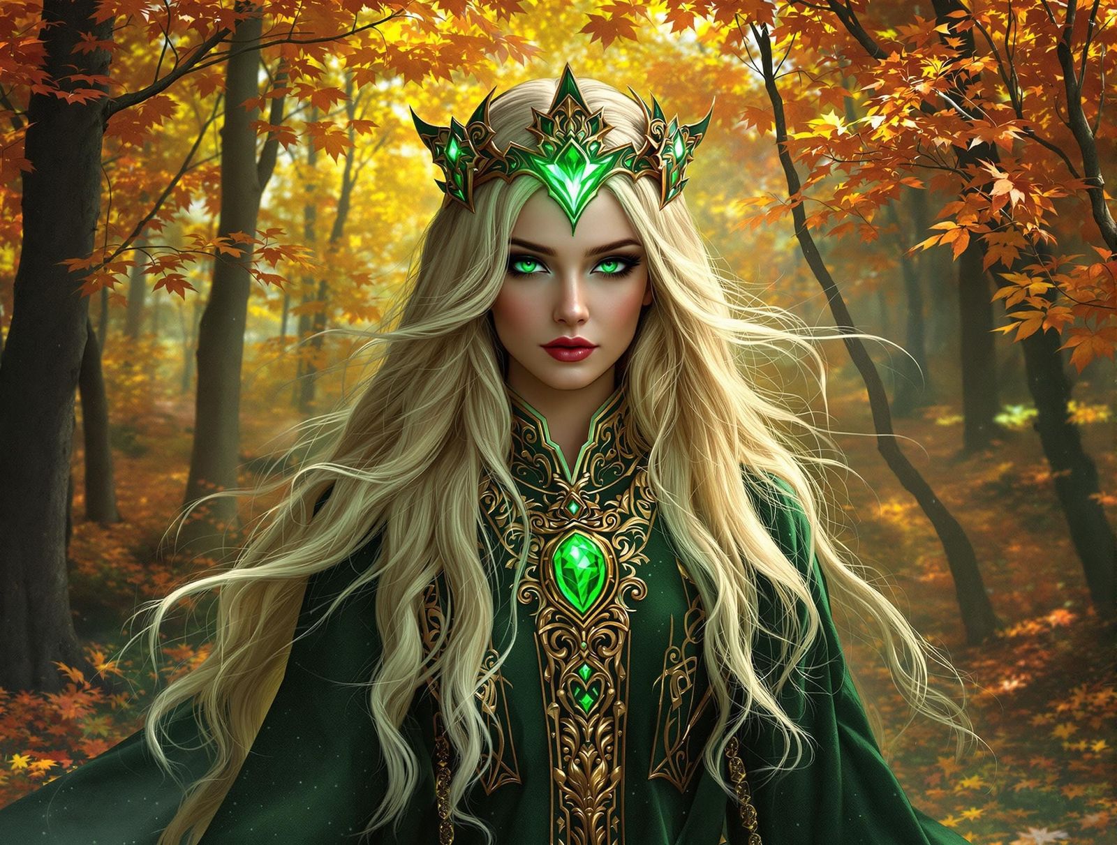 Majestic Norse Goddess in a Vibrant Autumn Forest