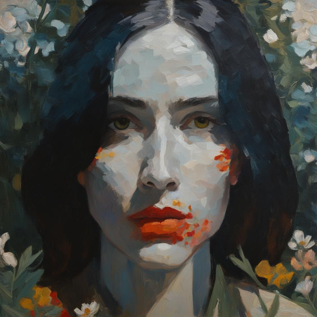 Impasto Oil Painting: Woman in Flower Garden