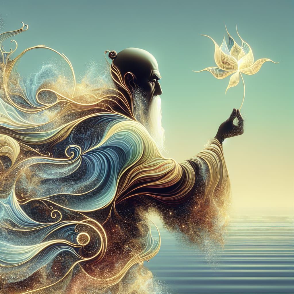 Ethereal Monk Ascending from Ocean, Psychedelic Aura