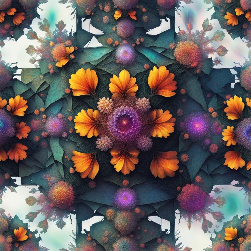 Psychedelic Glitch Floral Arrangement in Hologram Style