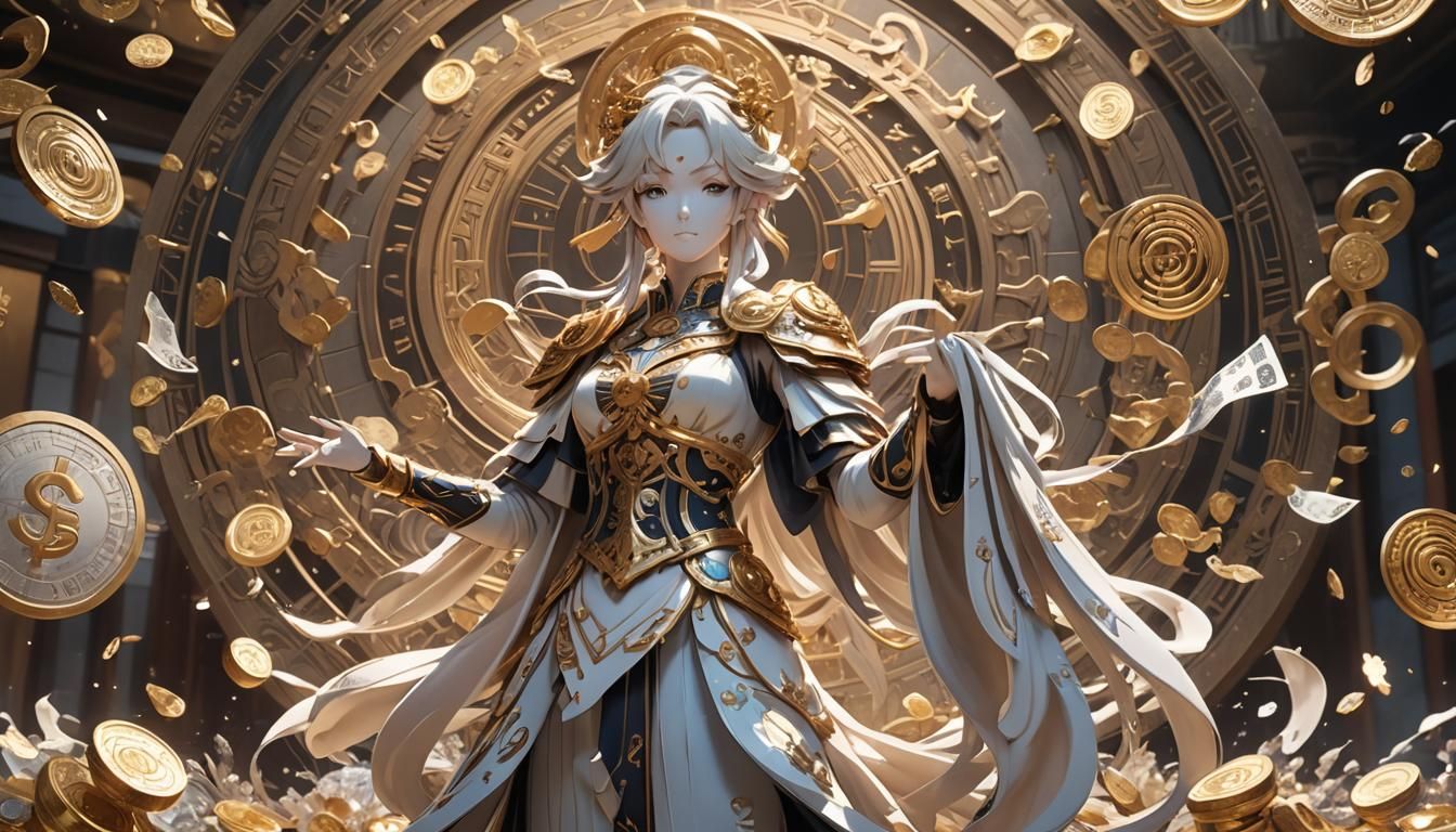 Majestic Statue Amidst Swirling Currency: 3D Anime Art