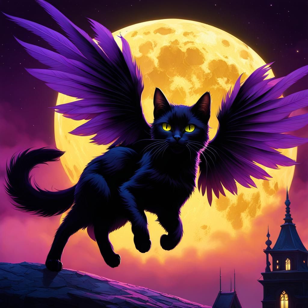 Winged Black Cat Soaring on Moonlit Night