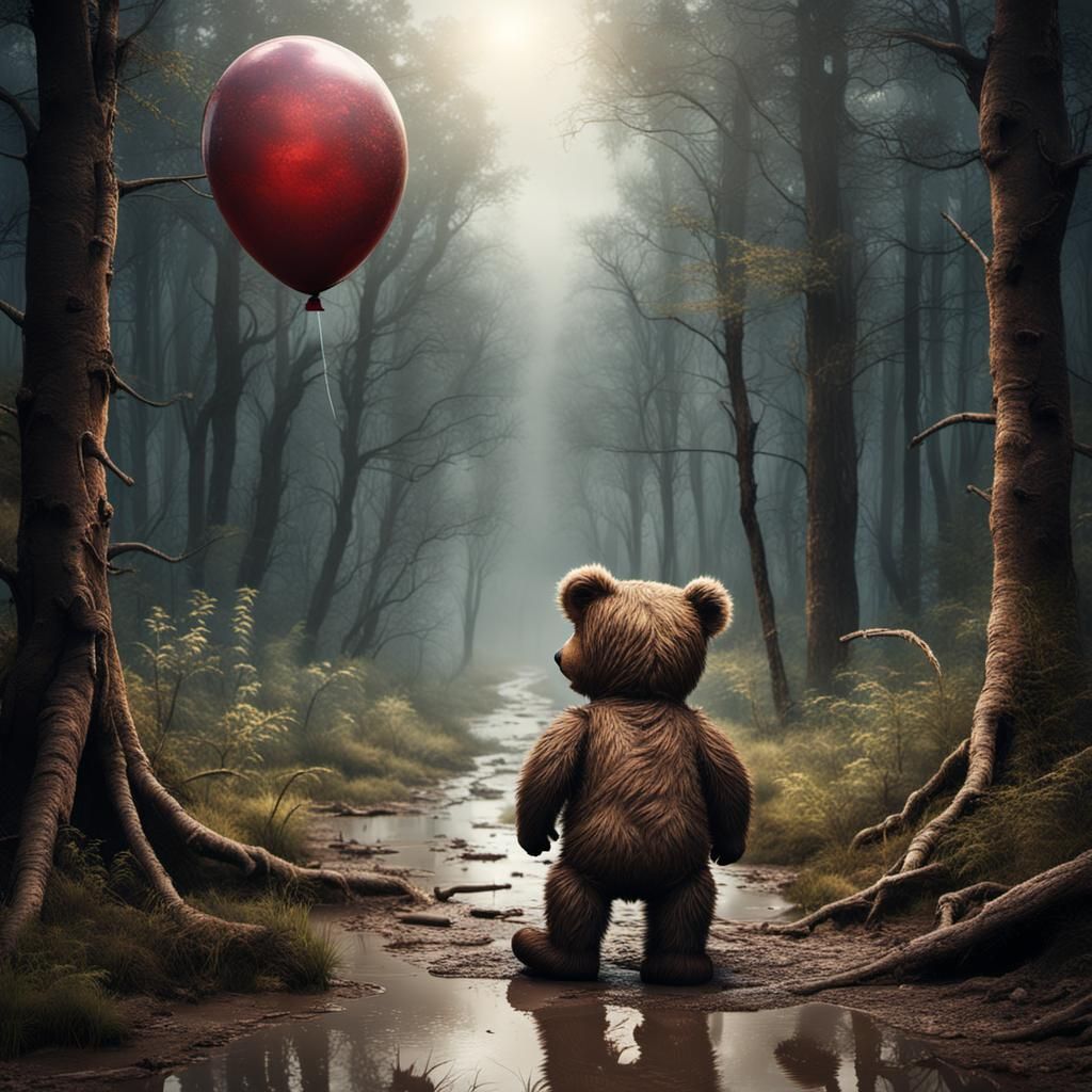 Worn Teddy Bear with Balloon in Barren Forest