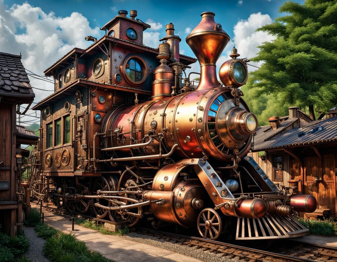 Steampunk House-Train in Village, Photorealistic Image