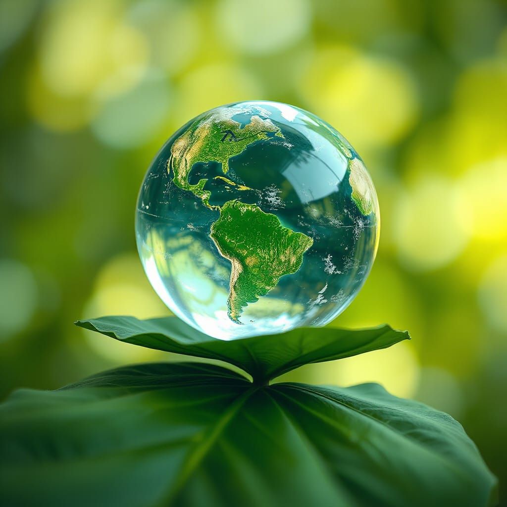 Fragile Earth: Glass Sphere on Leaf in Digital Art Style