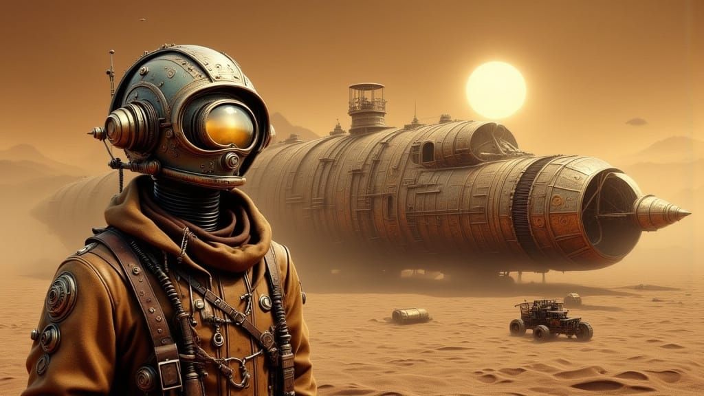 Steampunk Astronaut Salvages Spaceship Wreck in Desert