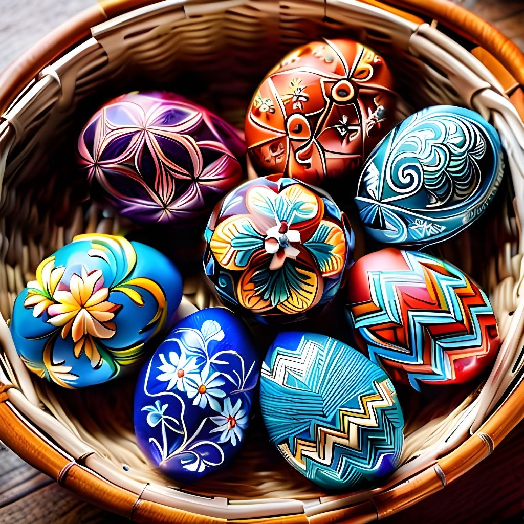 Intricate Pysanky Easter Eggs in a Basket