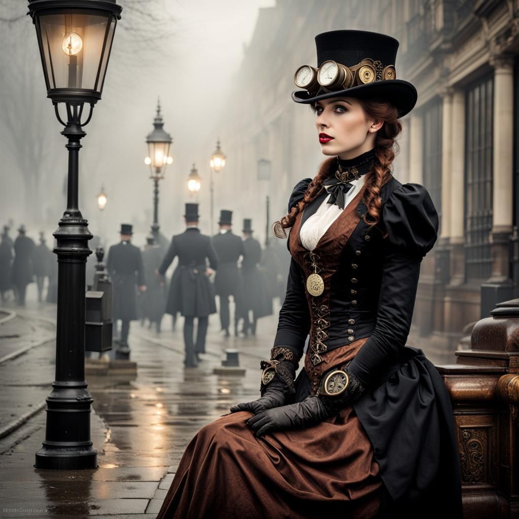 Steampunk Girl in Foggy 1880s London Street