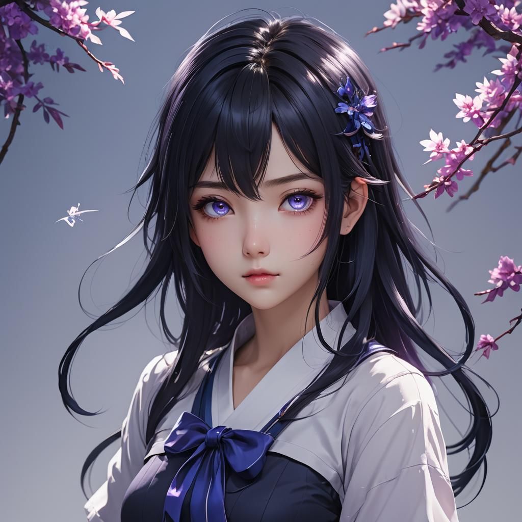 Anime Girl with Black and Blue Hair in Cel-Shaded Style