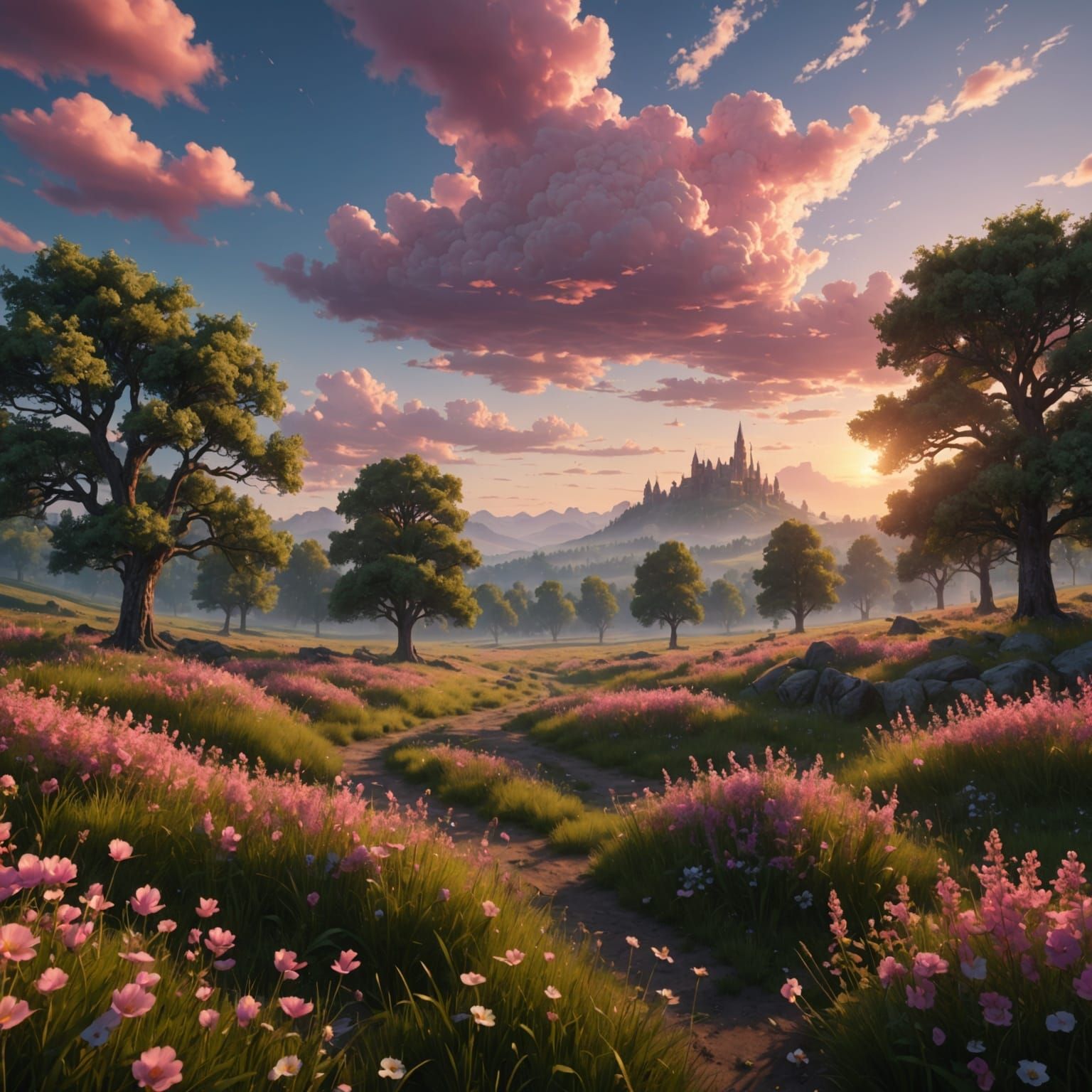 Sunrise Over Flower Meadow Detailed Matte Painting
