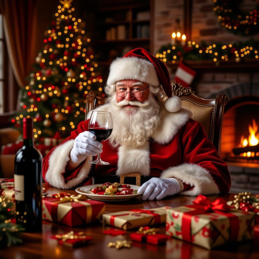 Cinematic Portrait of Santa Claus Enjoying Wine by Fireplace