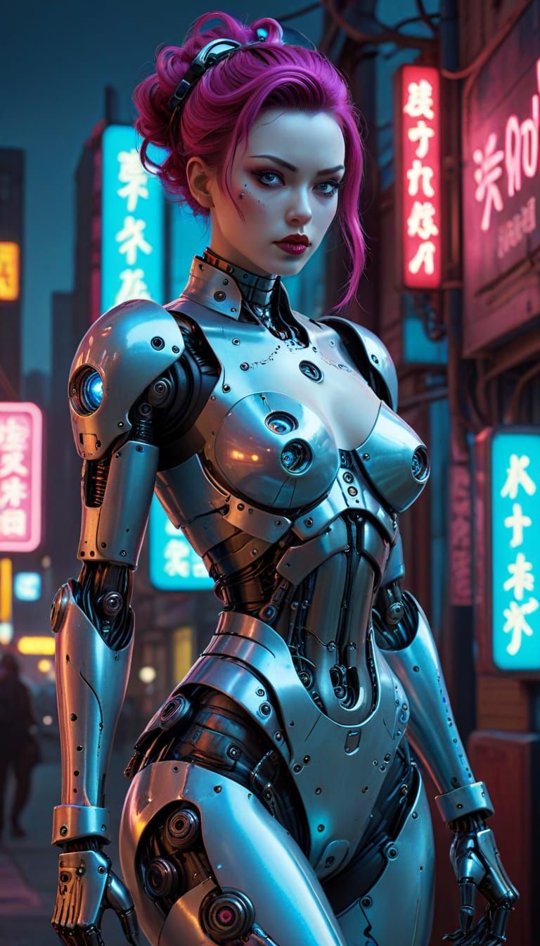 Gothic Pinup Cyborg in Cyberpunk Cityscape - Hyper-Realistic