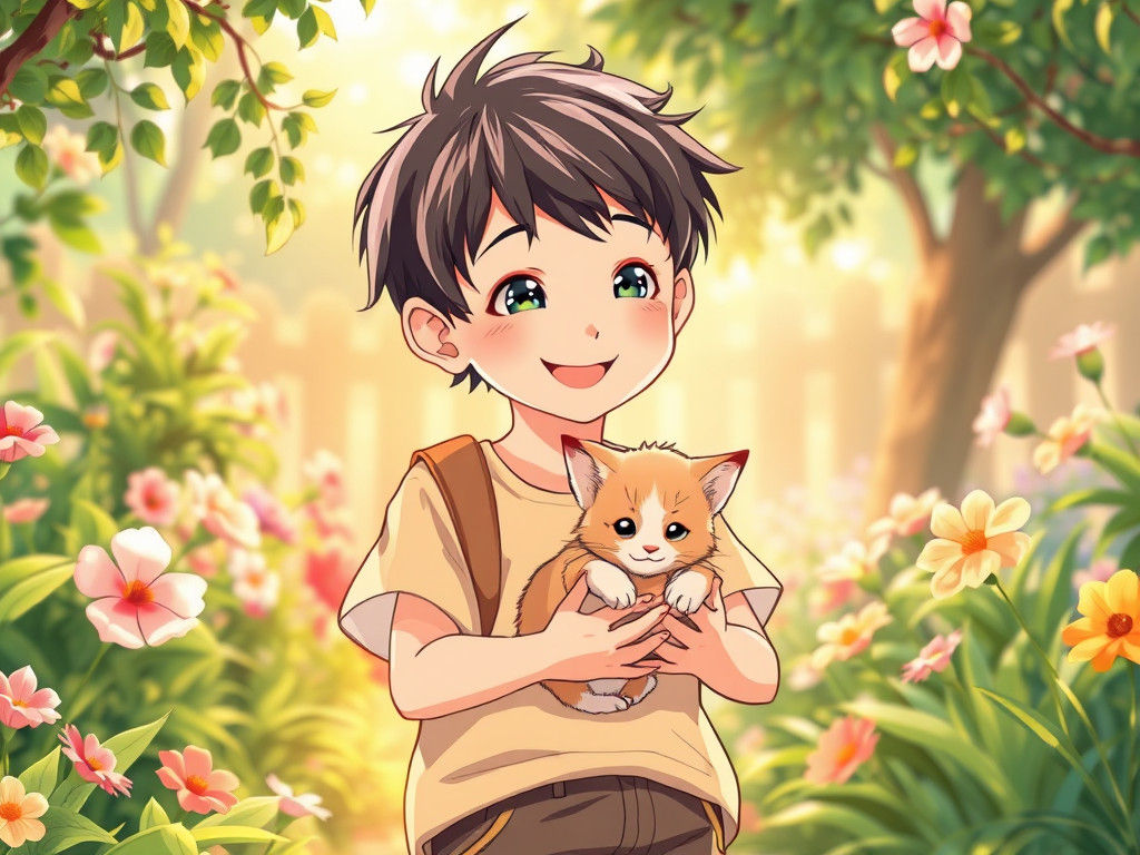 Anime Boy with Kitten in Summer Garden