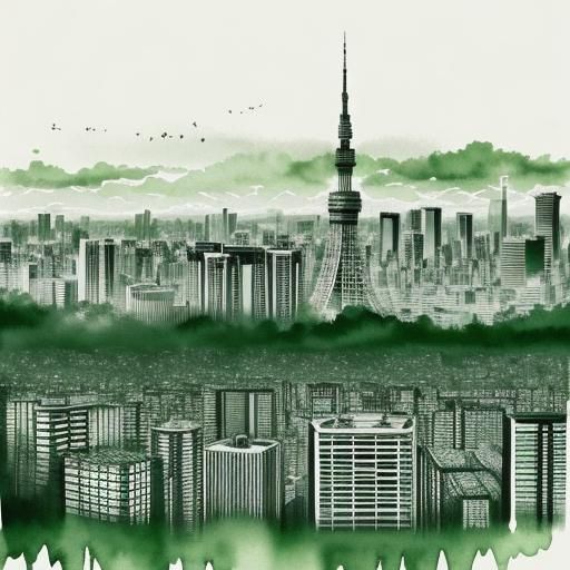 Tokyo Skyline in Monochrome Green Watercolor