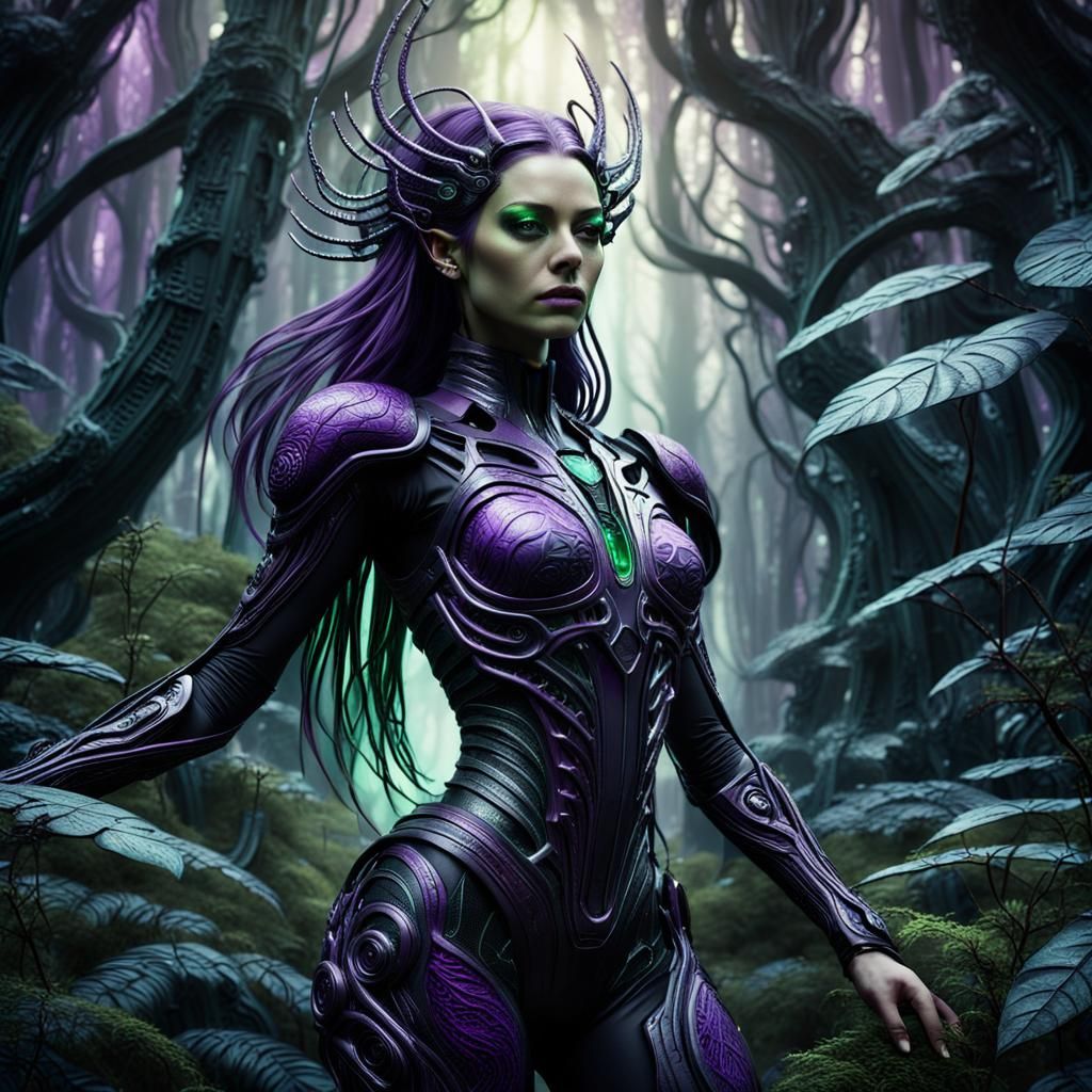 Sci-Fi Girl in Mystical Forest, Biomechanical Art