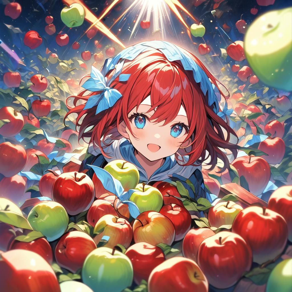 Cute Anime Girl Surrounded by Apples, Watercolor Gouache