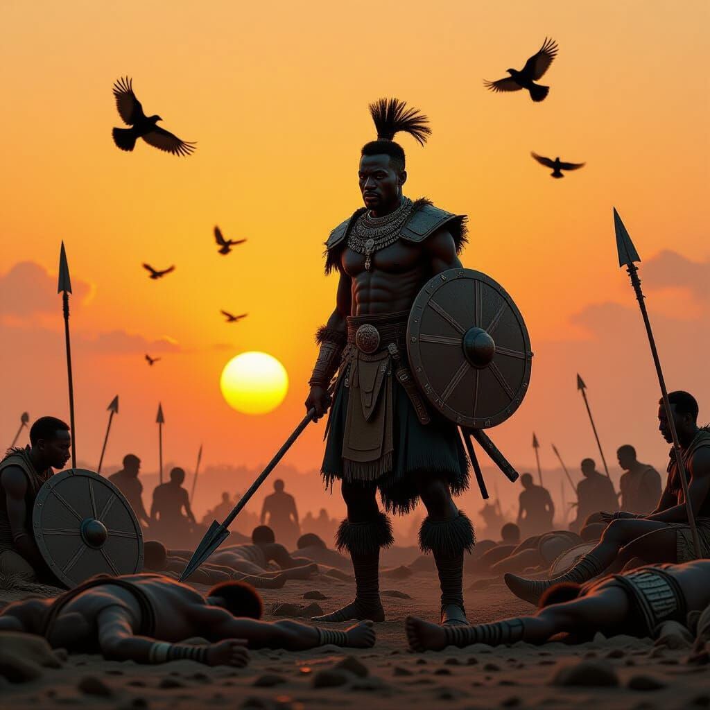 African Warrior on Battlefield at Dawn, Cinematic Style