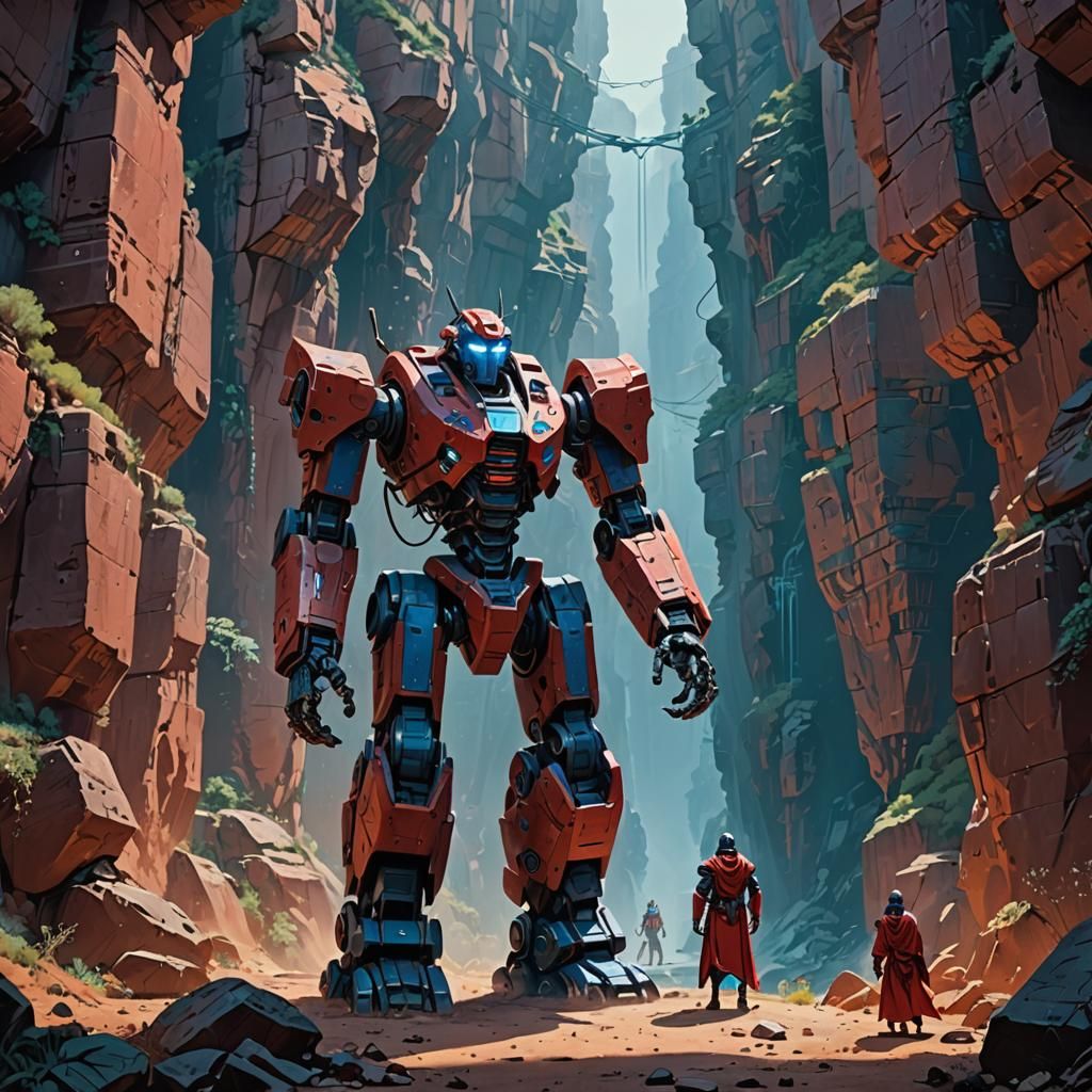 Ancient Robot Guardian in Mystical Canyon