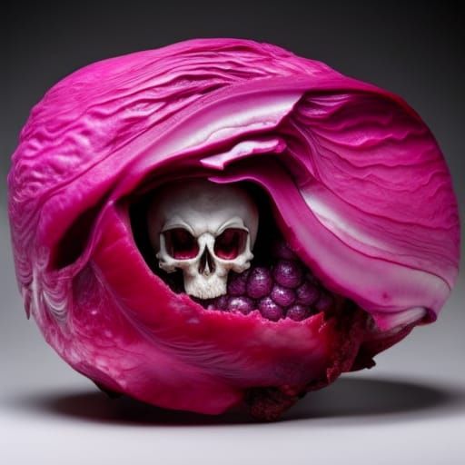 Horrifying Red Cabbage Skull with Eyeball in Photorealism