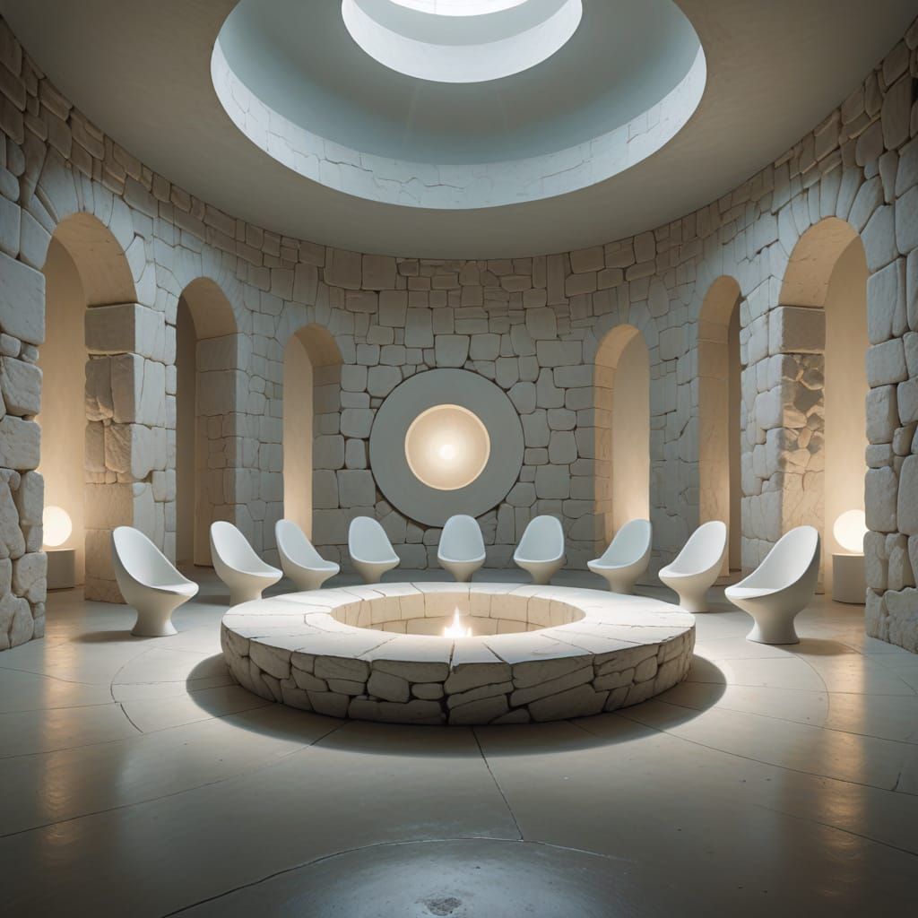 Surreal Chamber with Ring of Seats in Ethereal Glow