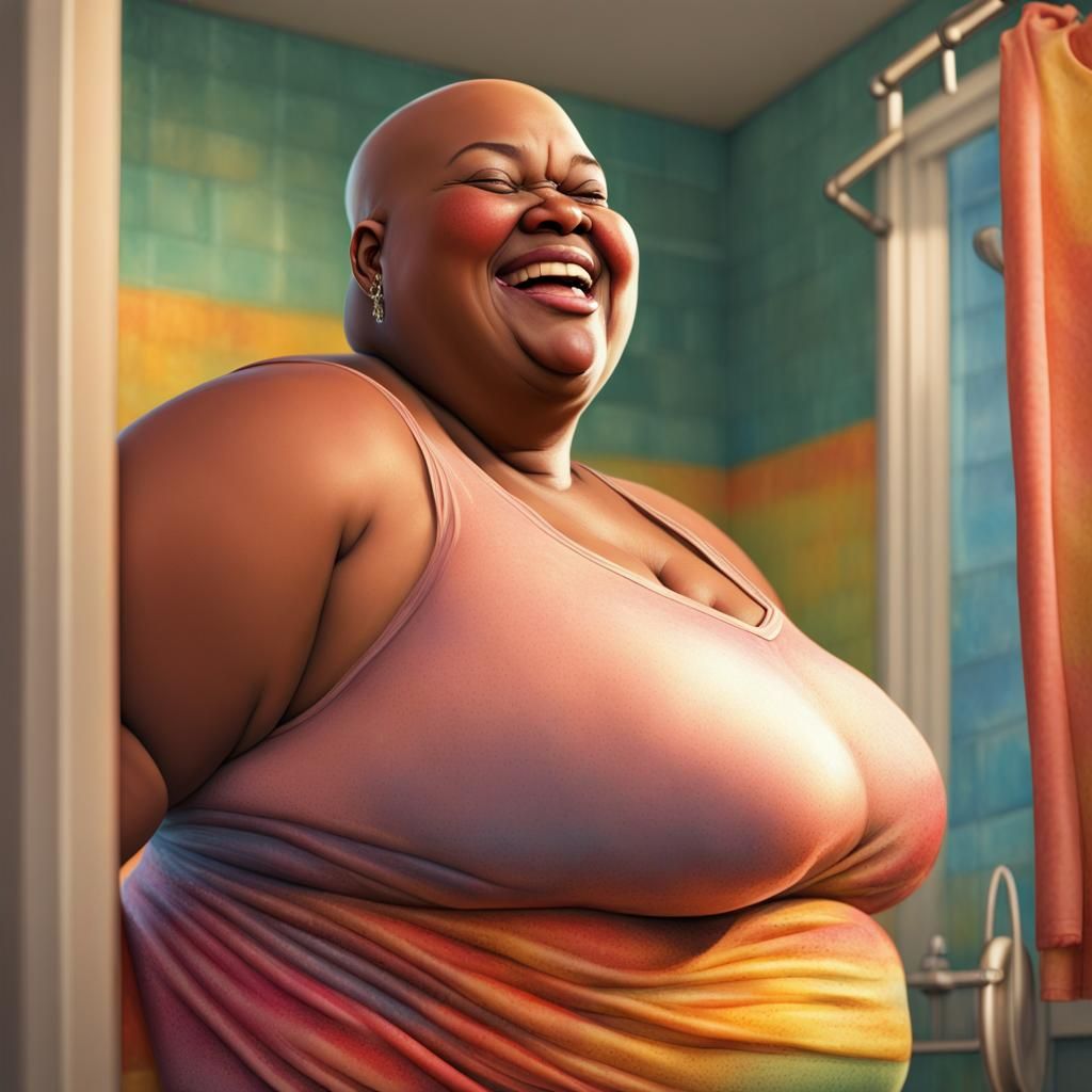 Hyper Obese Woman Showering: Hyperrealistic Digital Art