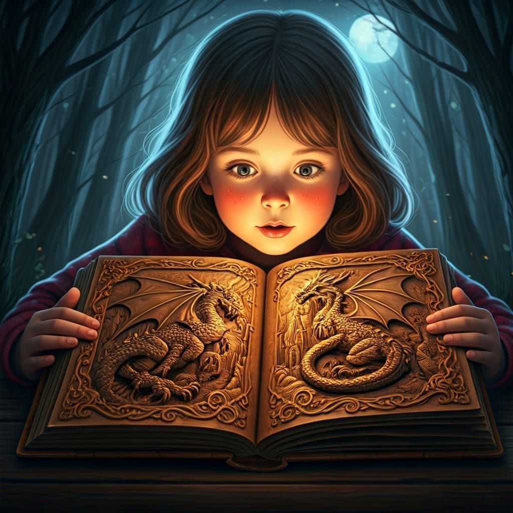 Child Enthralled by Carved Fairy Tale Book