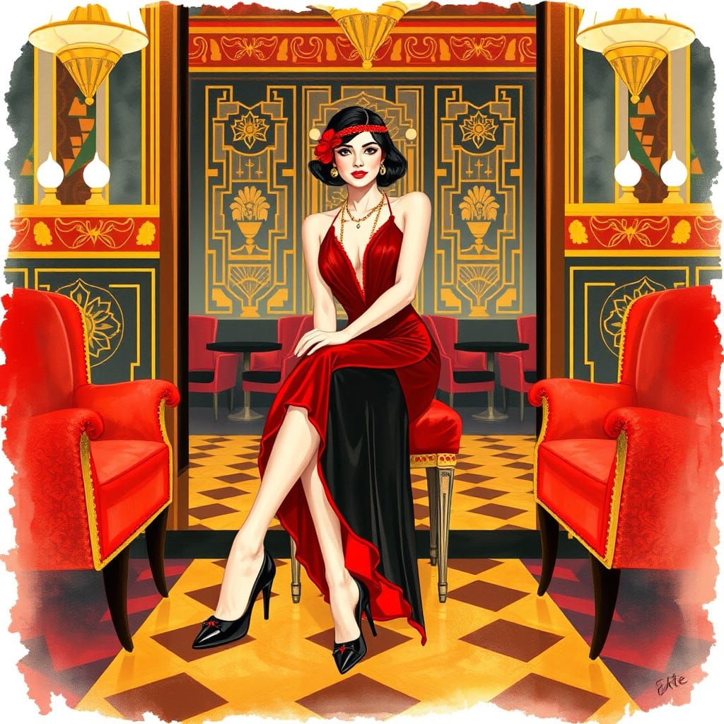 Art Deco Woman in Theater Lounge, Alphonse Mucha Style
