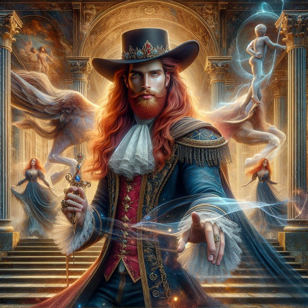 Regal Fantasy Prince in Baroque Attire, Wielding Magical Wan...