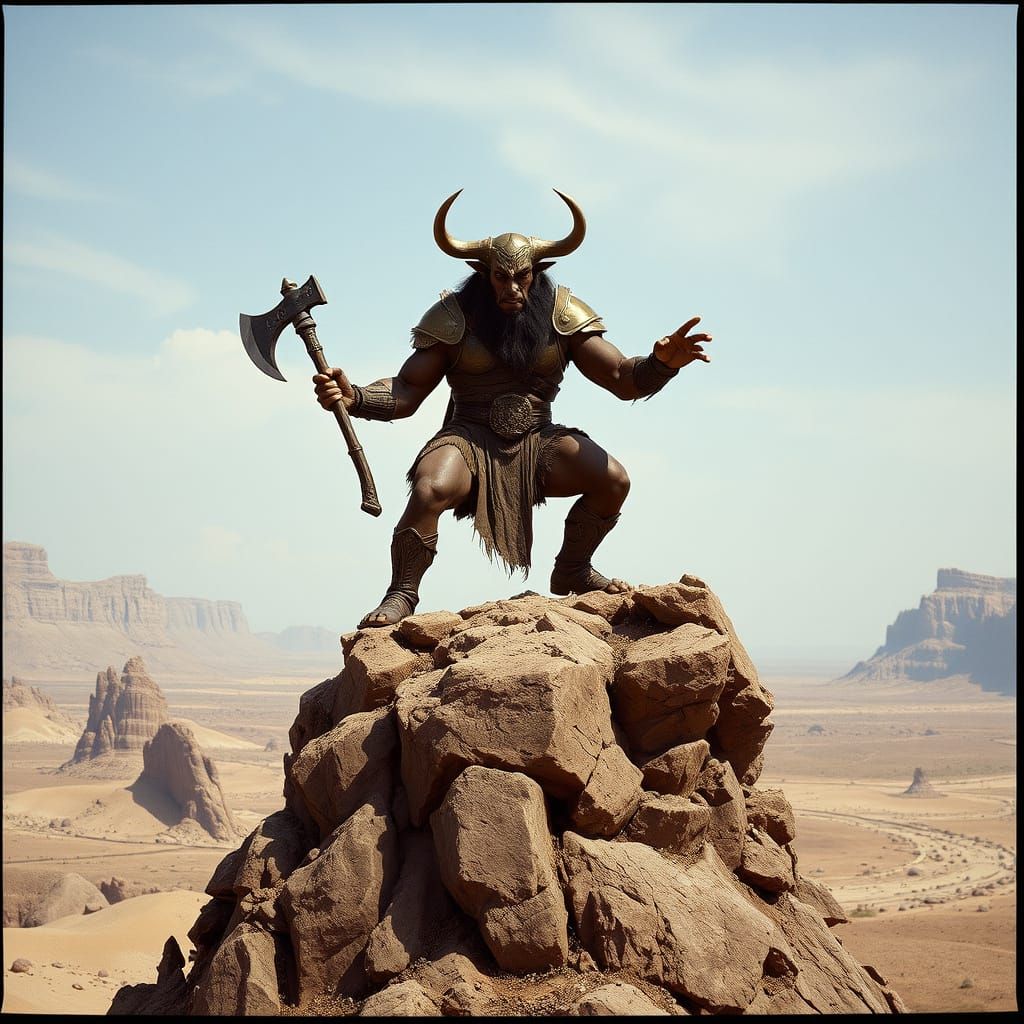 Minotaur Warrior in Dystopian Landscape, Cinematic Still
