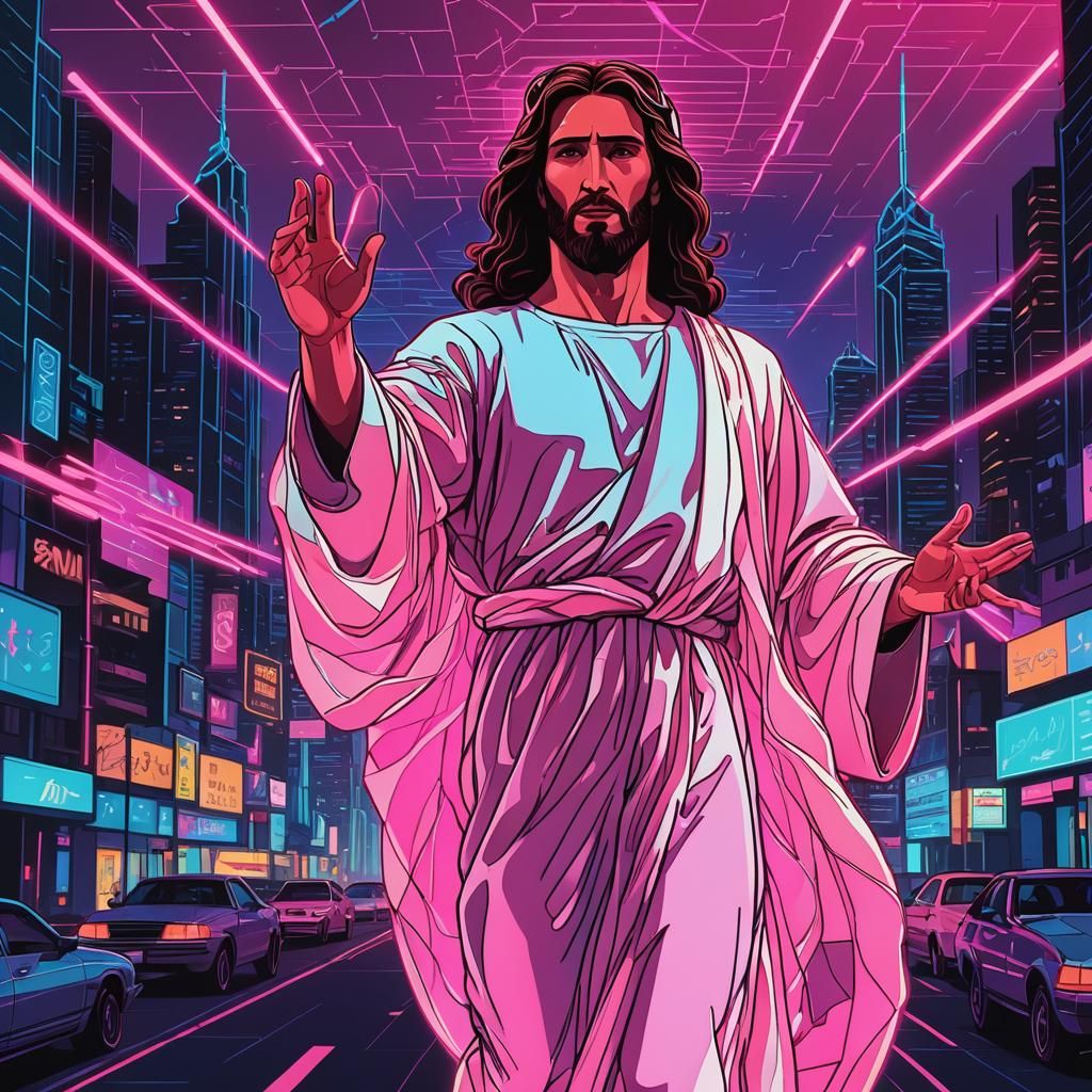 Jesus Appears on Damascus Road in Synthwave Style