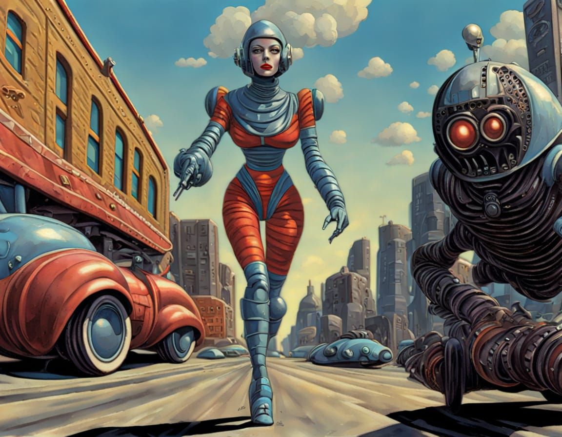 Giant Robot Woman in Retro-Futuristic Art Deco Style