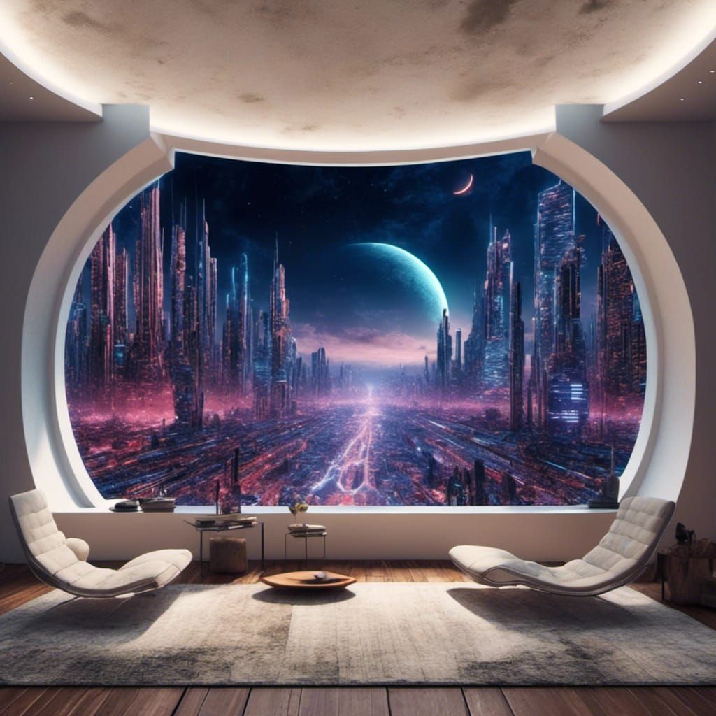 Surreal Sci-Fi Cityscape Under Galactic Sky