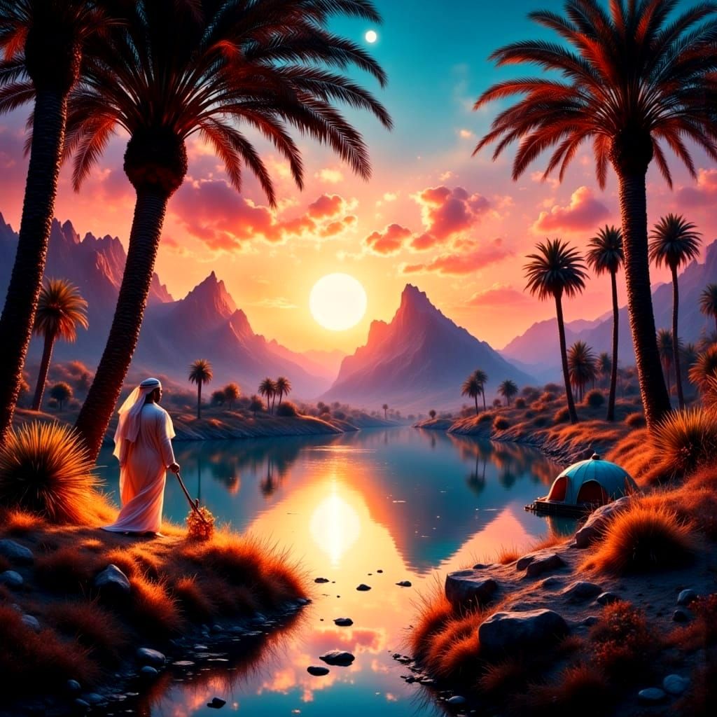 Bedouin Man in Ethereal Desert Oasis