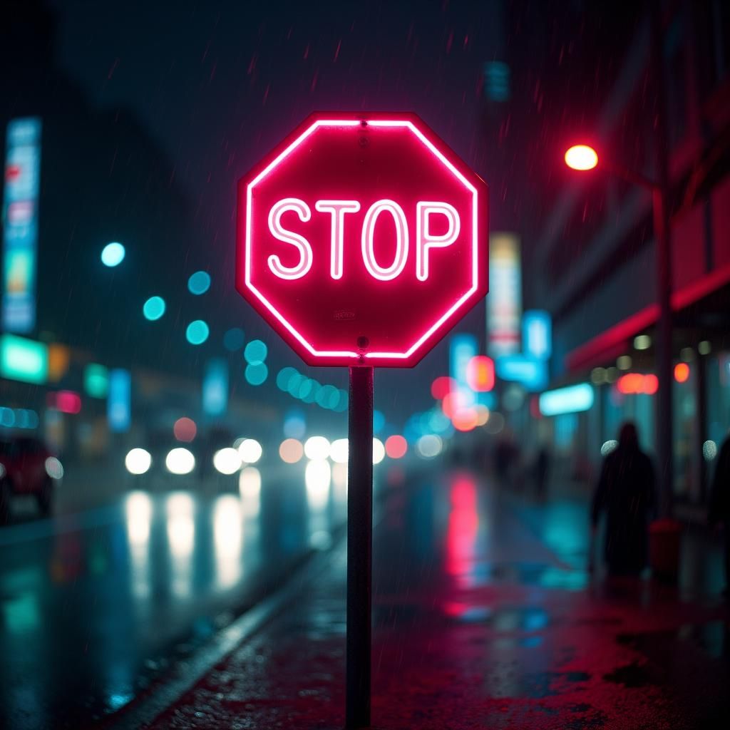 Neon Stop Sign in Rainy Cityscape