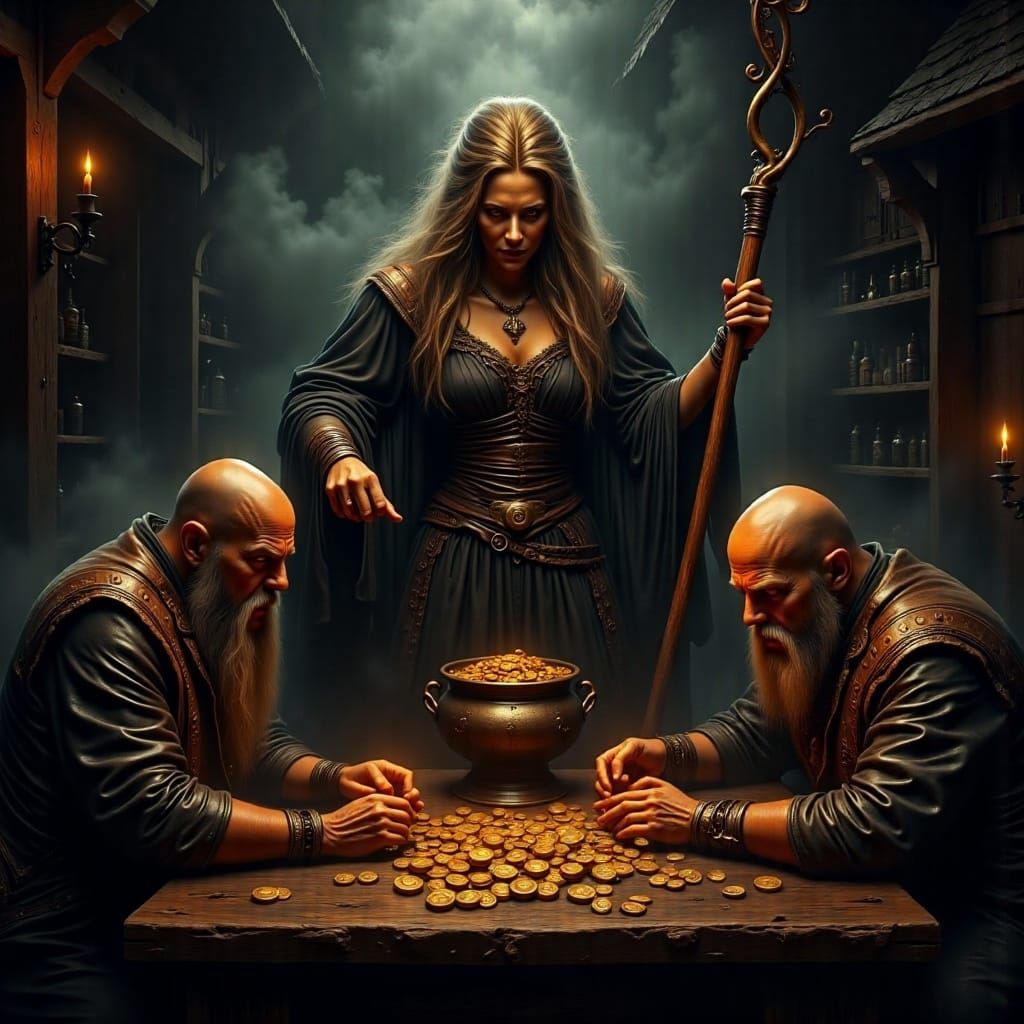 Norse Goddess Condemns Avaricious Thugs in Dimly Lit Tavern