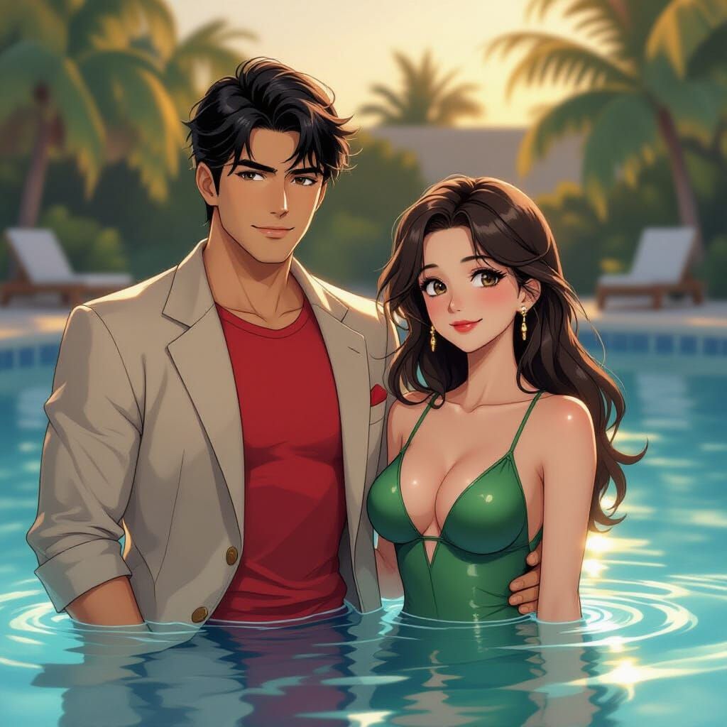Man and Mermaid in Golden Hour Pool Scene